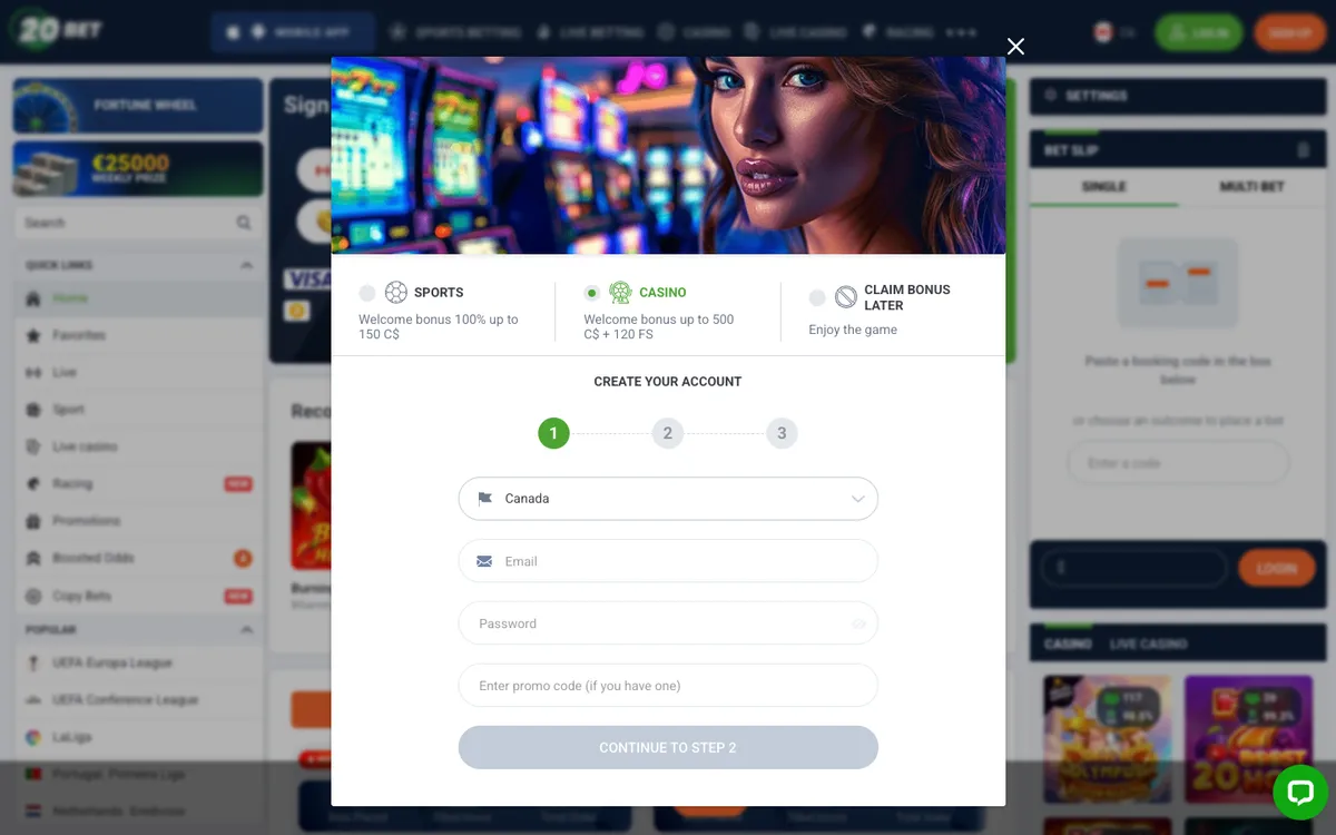20bet Casino — Sign-up, captured from Canada
