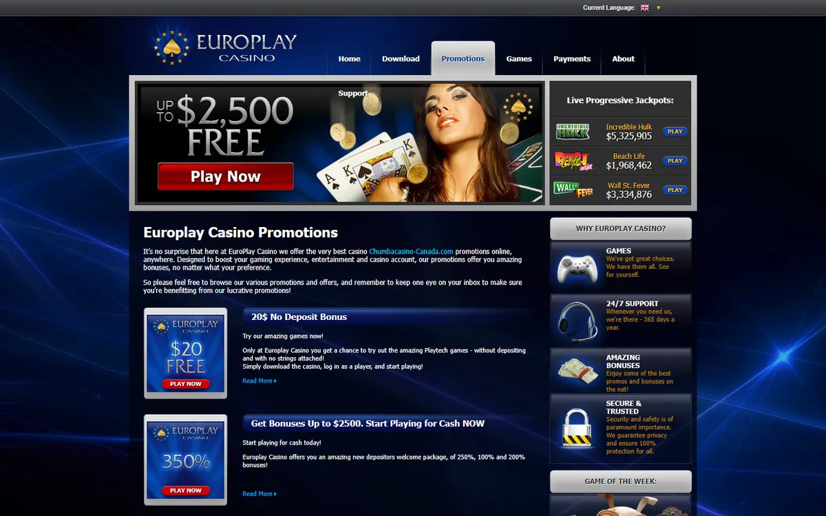 Euro Play Casino — Promotions, captured from Canada