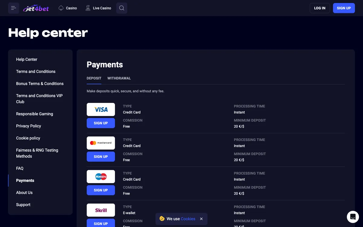 Jet4bet Casino — Payments, captured from Japan