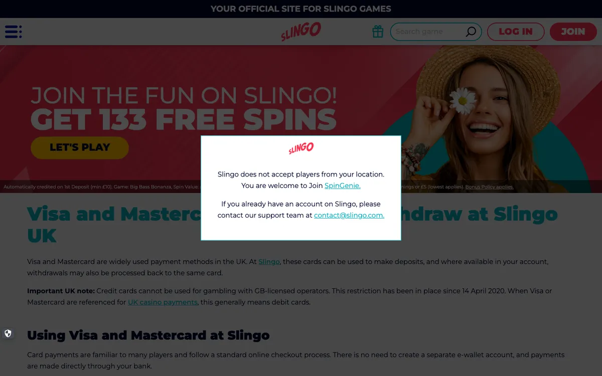 Slingo Casino — Payments, captured from Canada