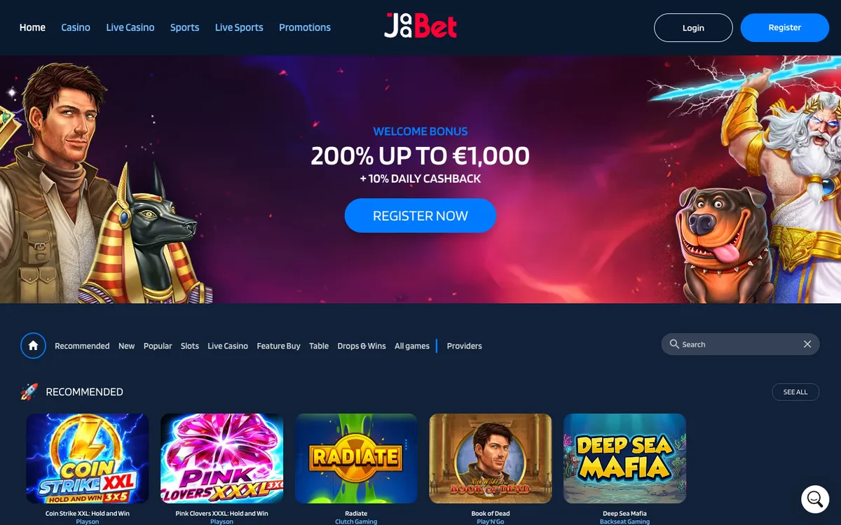 JaaBet Casino — Home page, captured from Australia