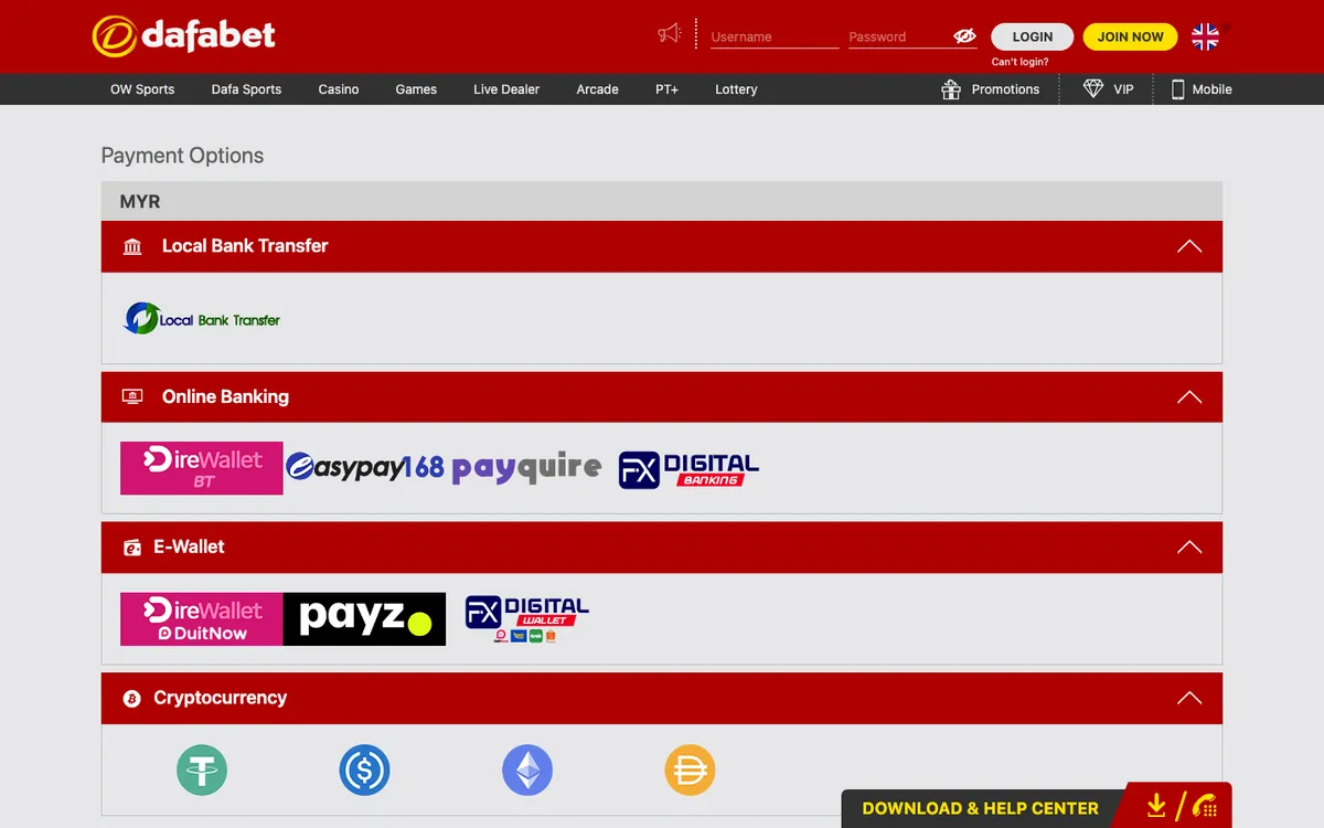 Dafabet Casino — Payments, captured from Malaysia