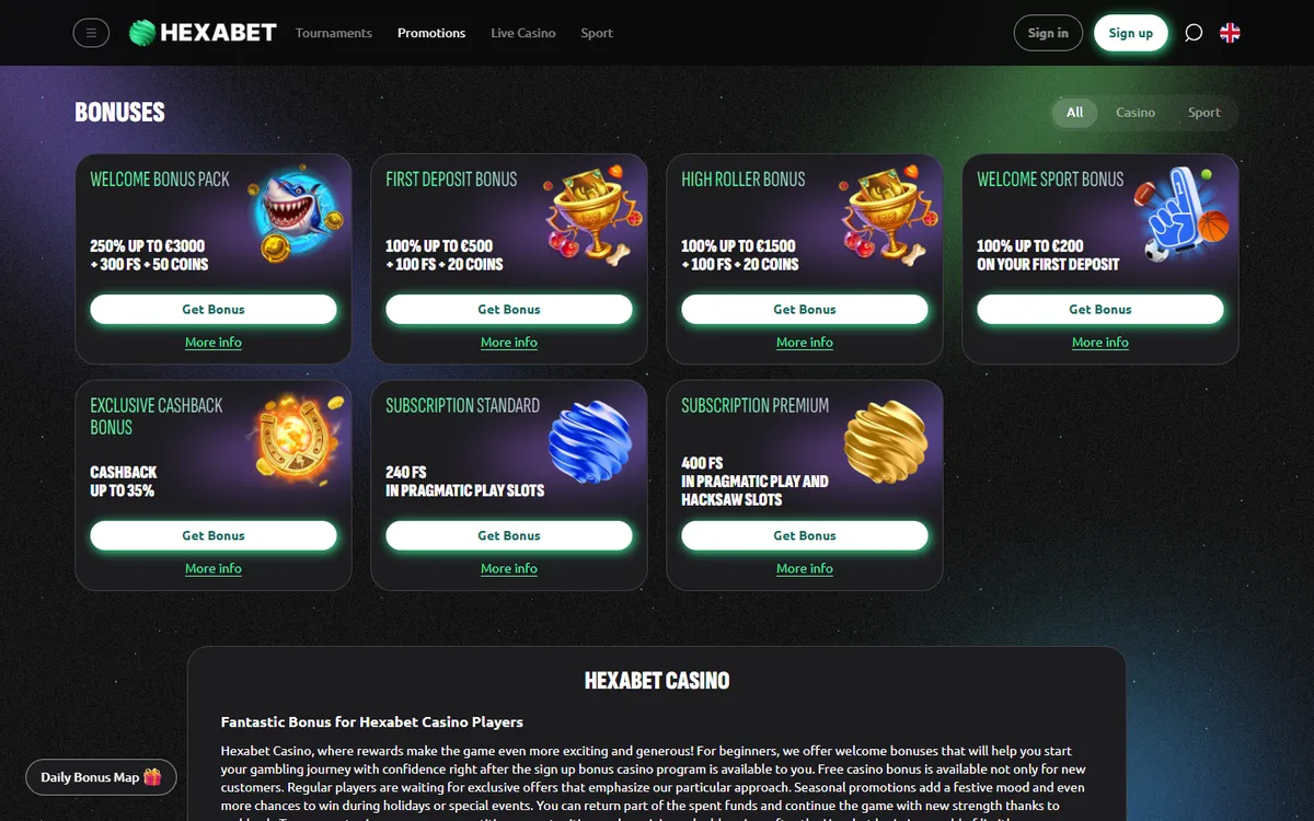 Hexabet Casino — Promotions, captured from Canada