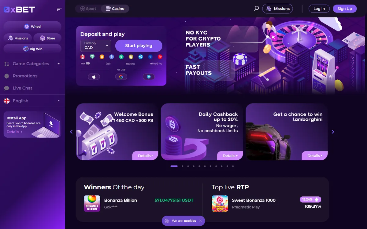 0x.bet Casino — Home page, captured from Canada