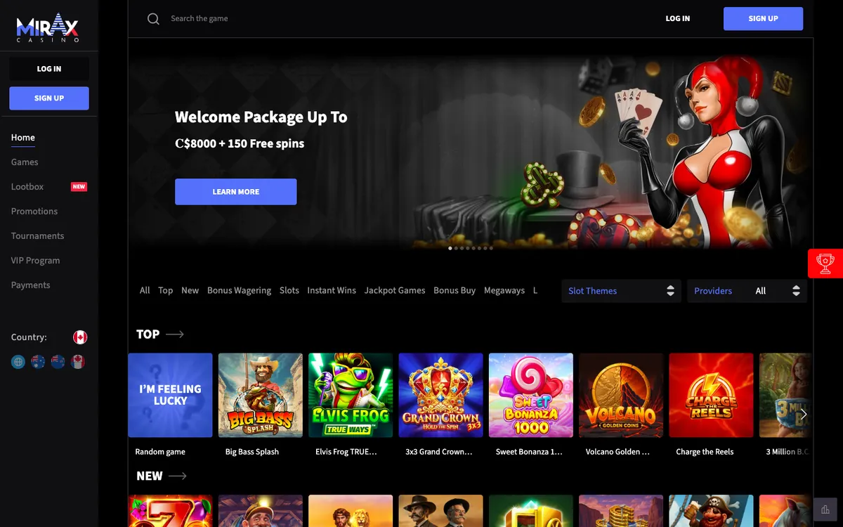 Mirax Casino — «Главная», снято из страны Канада