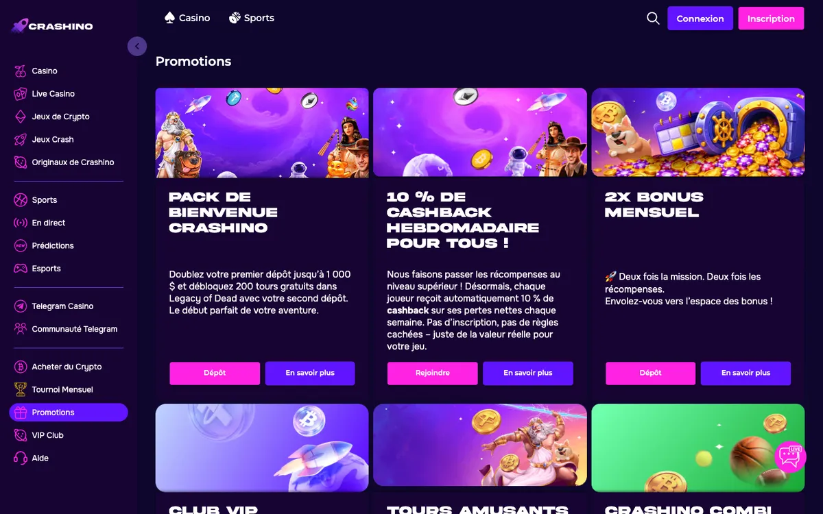 Crashino Casino — «Акции», снято из страны Франция
