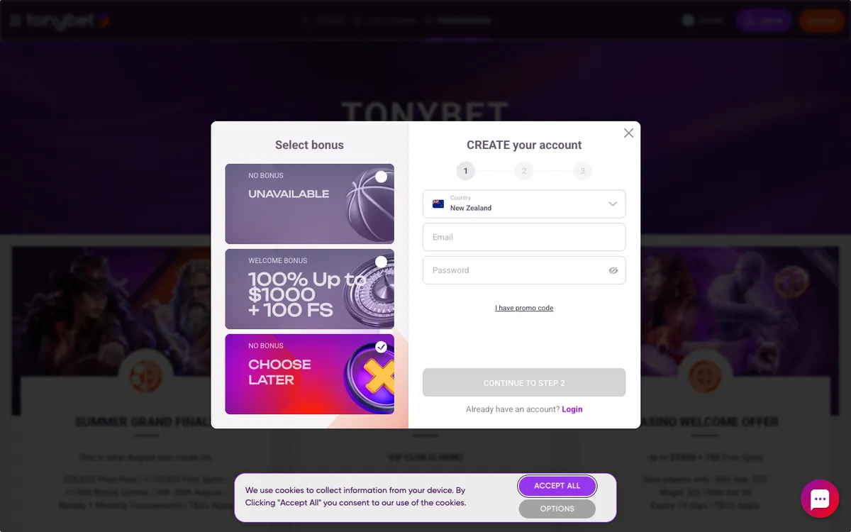 TonyBet Casino — Promotions, captured from New Zealand
