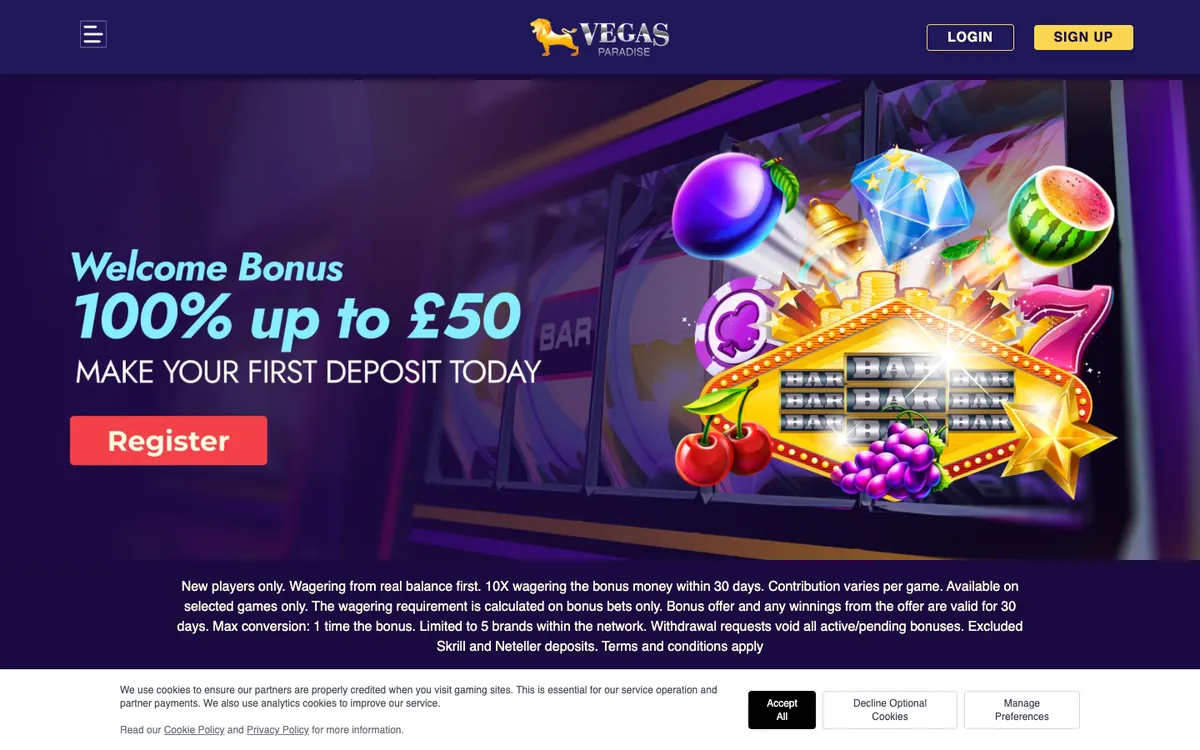 Vegas Paradise Casino — Home page, captured from United Kingdom