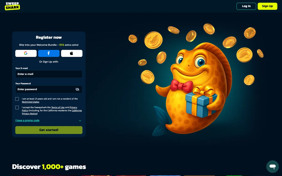 SweepShark Casino — Home page, captured from United States
