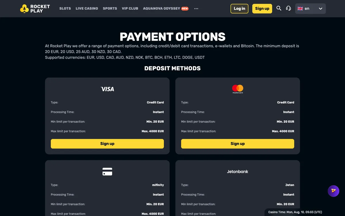 RocketPlay Casino — Payments, captured from Austria