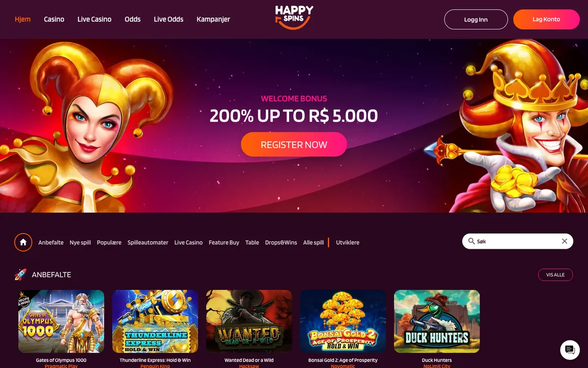 HappySpins Casino — Home page, captured from Norway