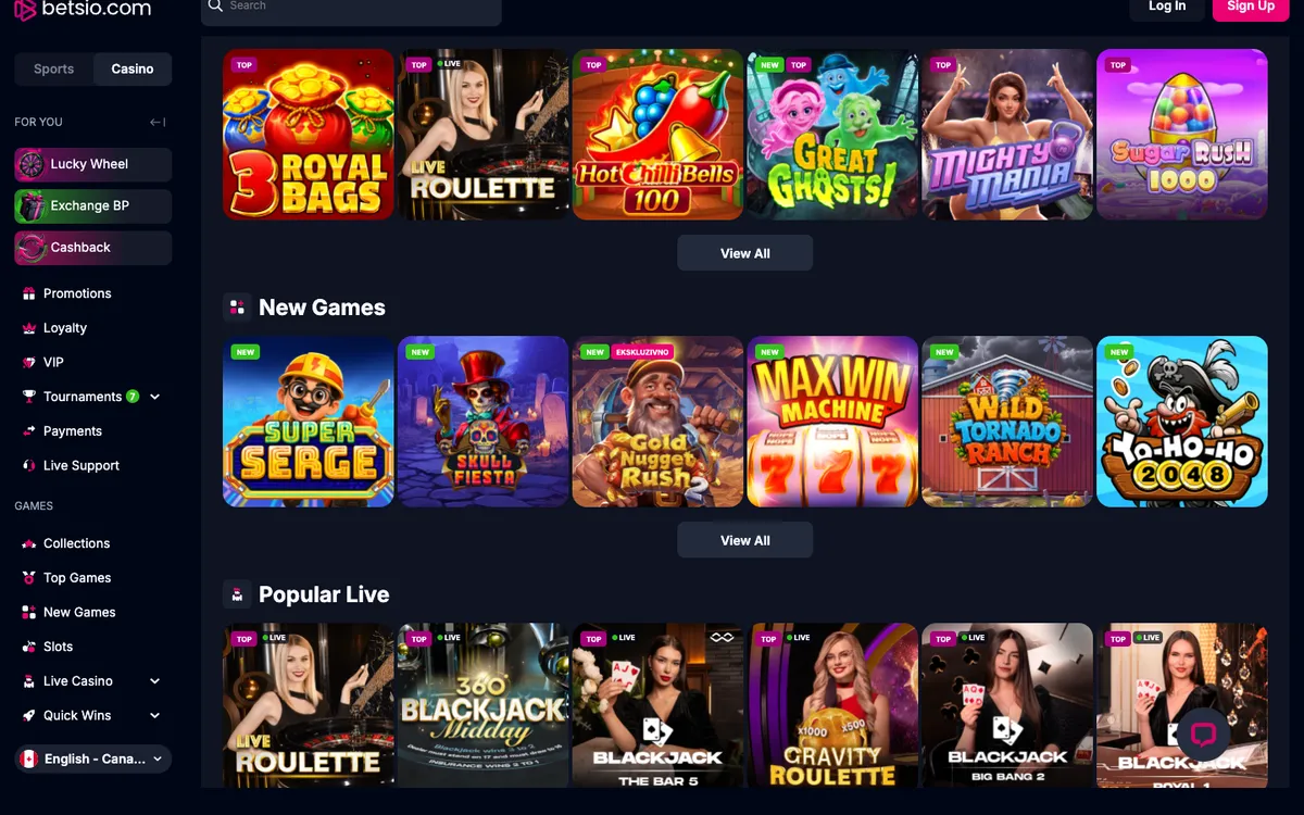 Betsio Casino — «Главная», снято из страны Канада