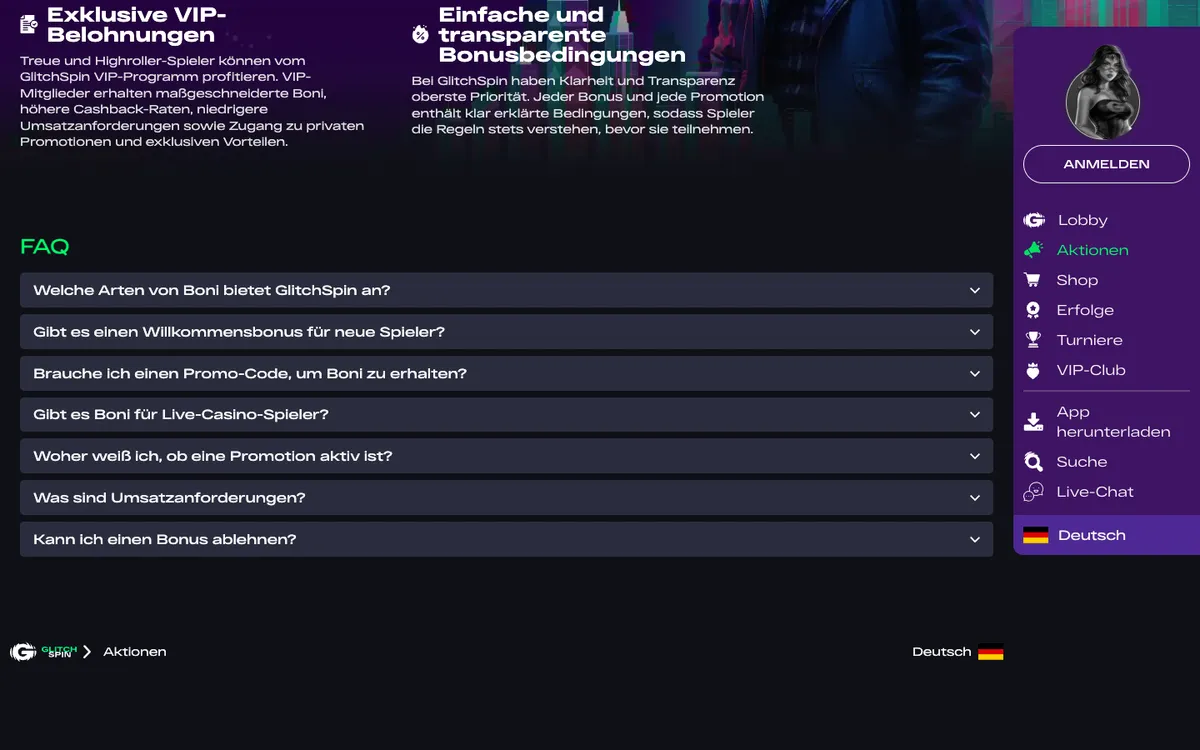 Glitchspin Casino — «Акции», снято из страны Австрия