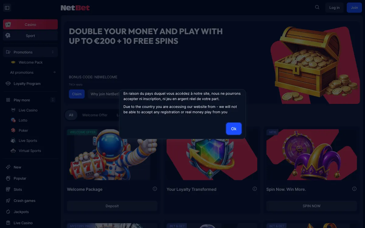 NetBet Casino — Promotions, captured from France