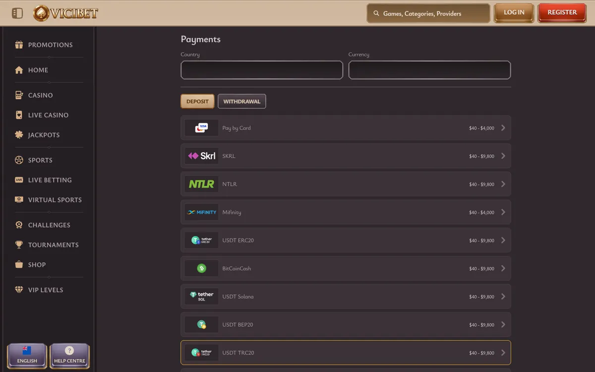 ViciBet Casino — «Платежи», снято из страны Новая Зеландия