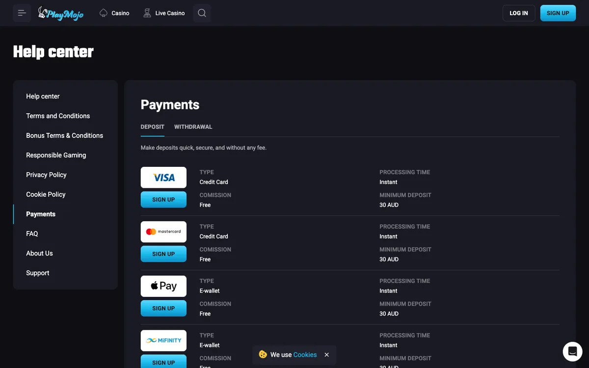 PlayMojo Casino — «Платежи», снято из страны Австралия