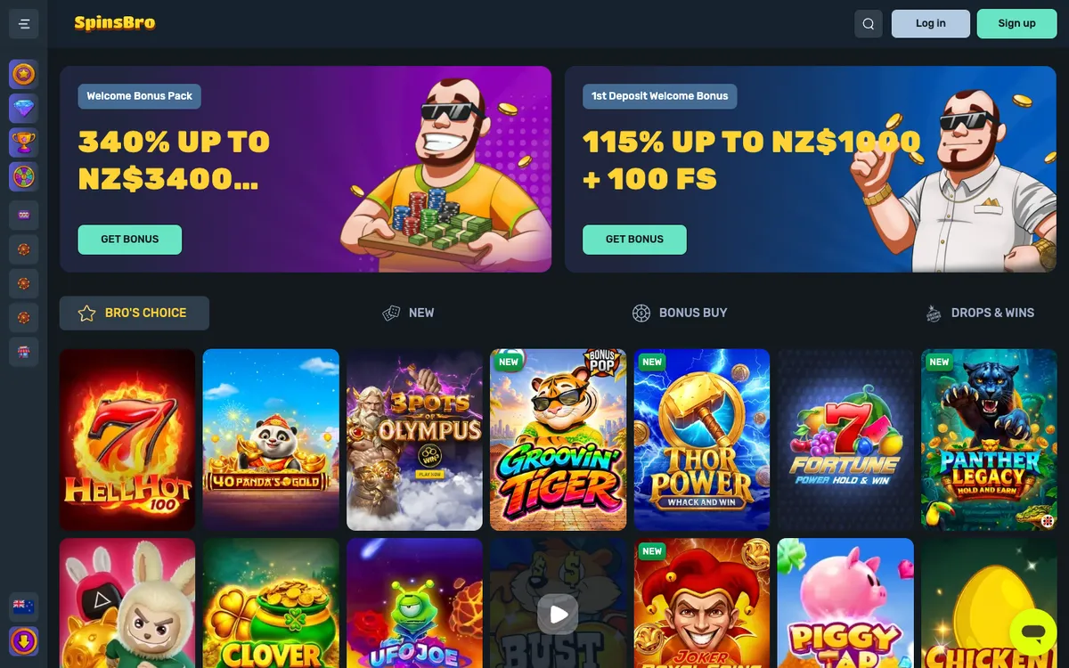 SpinsBro Casino — «Главная», снято из страны Новая Зеландия