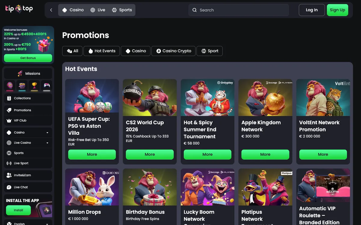 Tip-Top.bet Casino — Promotions, captured from Czechia