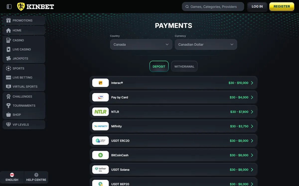 Kinbet Casino — Payments, captured from Canada