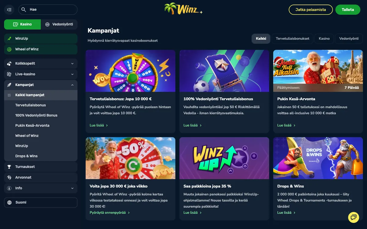 Winz.io Casino — «Акции», снято из страны Финляндия