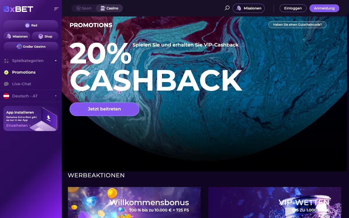 0x.bet Casino — Promotions, captured from Austria