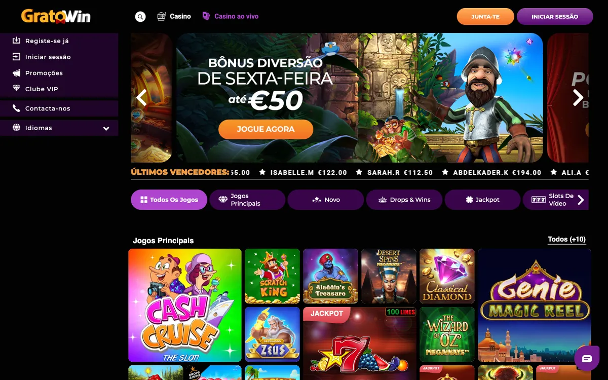 GratoWin Casino — Home page, captured from Portugal
