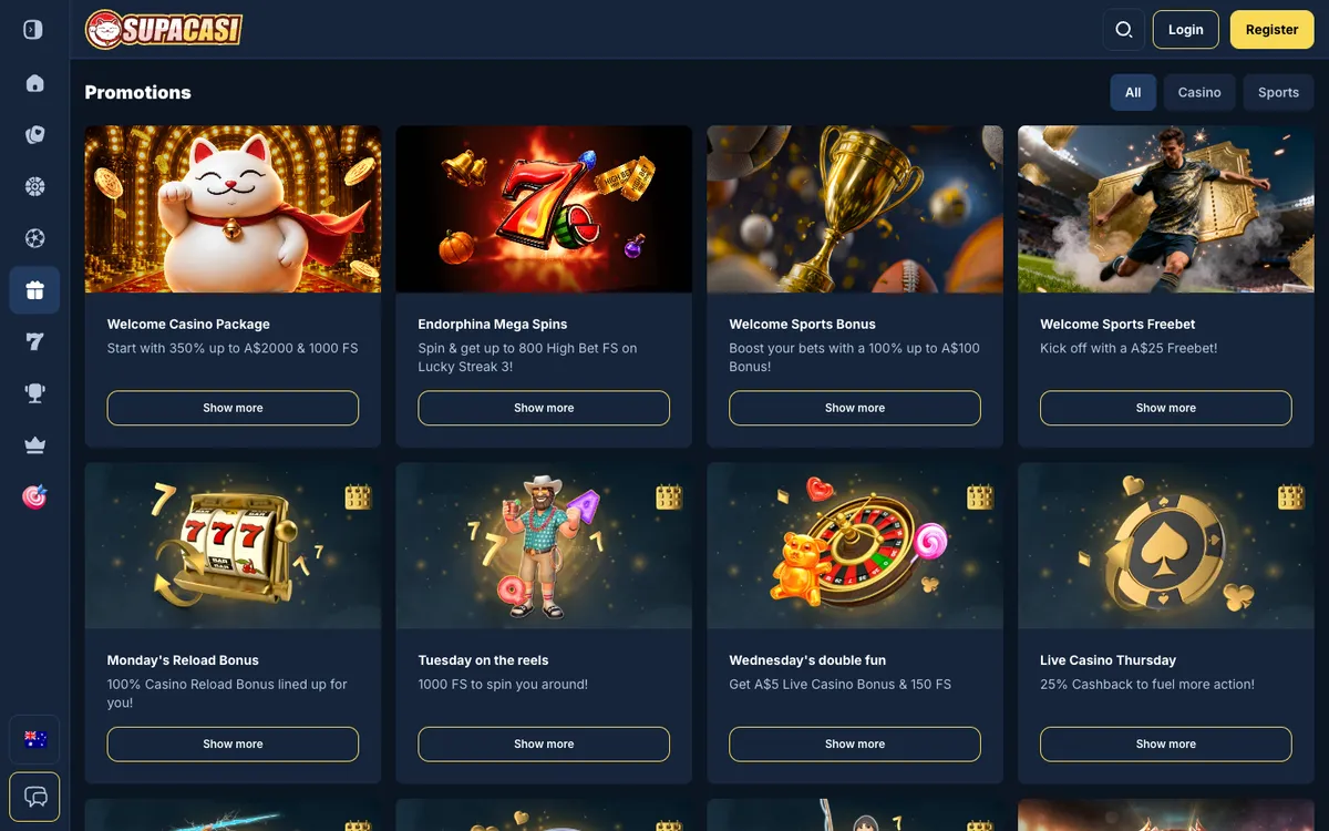 Supacasi.io Casino — Promotions, captured from Australia