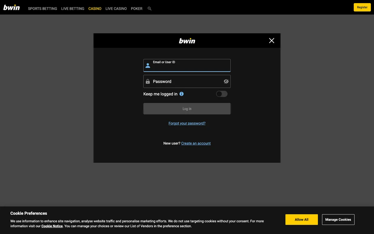 bwin Casino — Sign-up, captured from Argentina