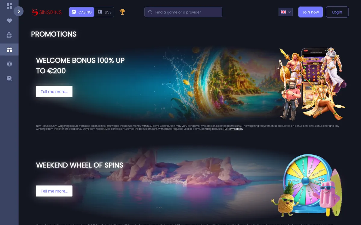 Sin Spins Casino — Promotions, captured from Austria