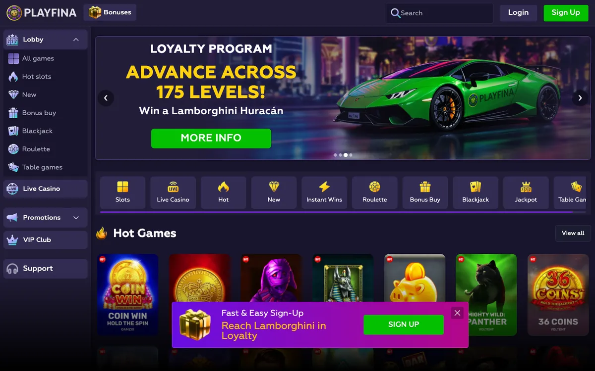Playfina Casino — Home page, captured from Italy