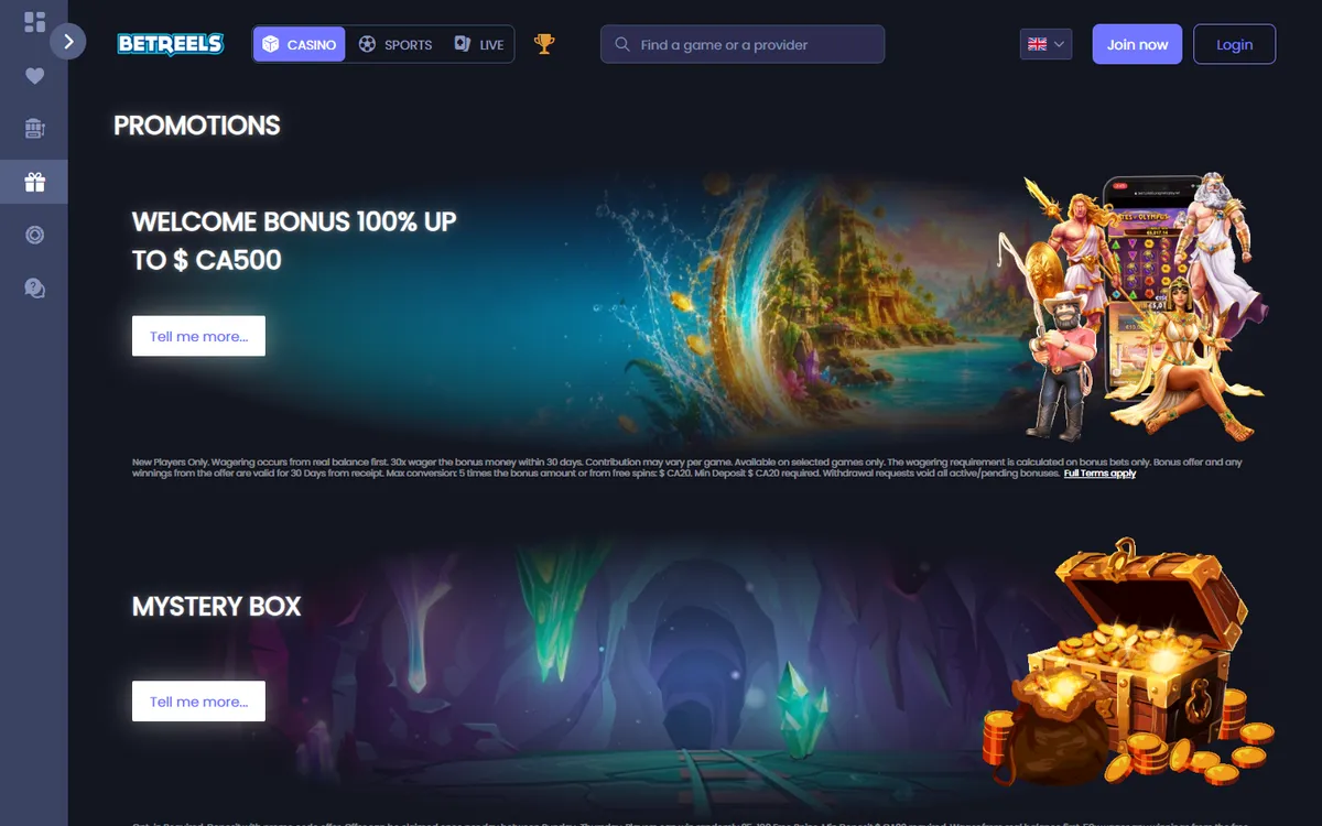 Betreels Casino — Promotions, captured from Canada
