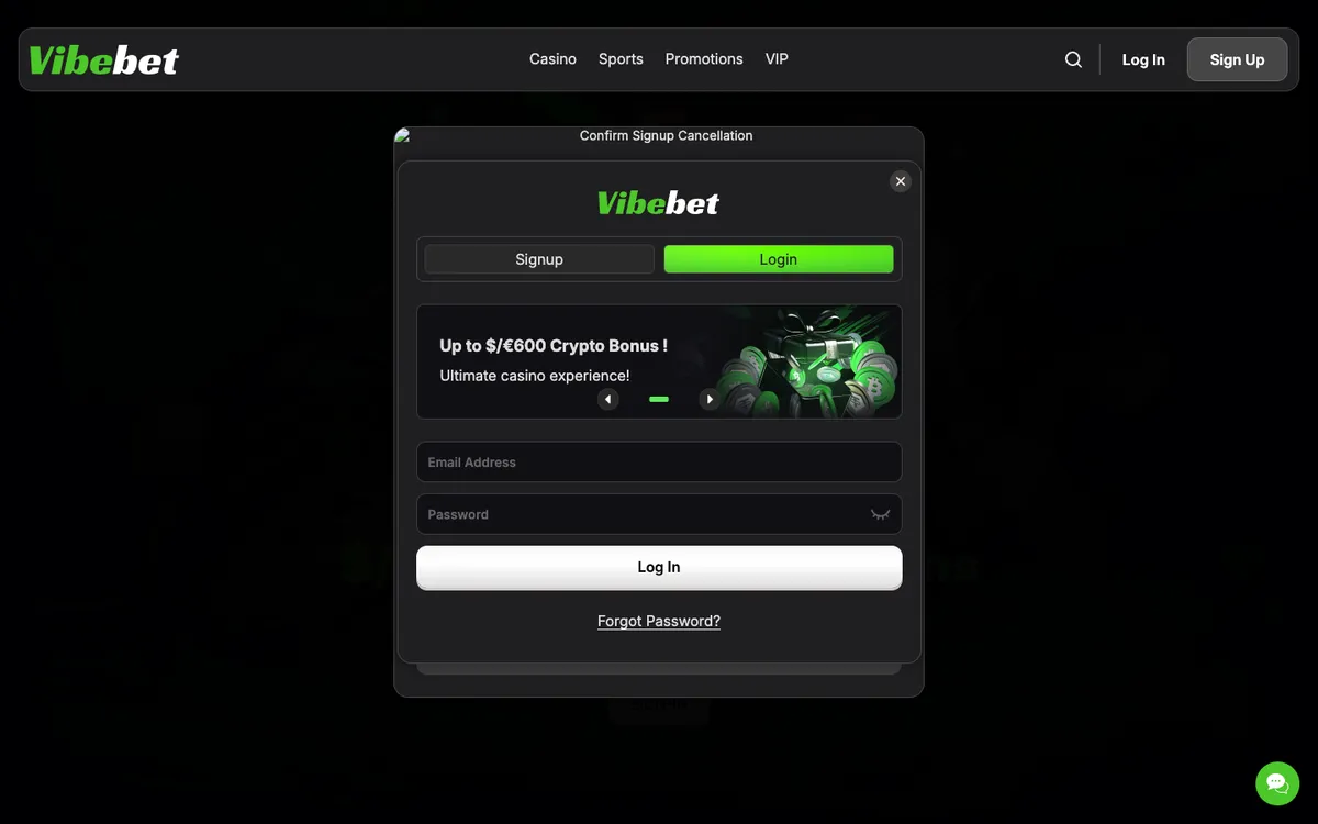 Vibebet Casino — Sign-up, captured from Norway