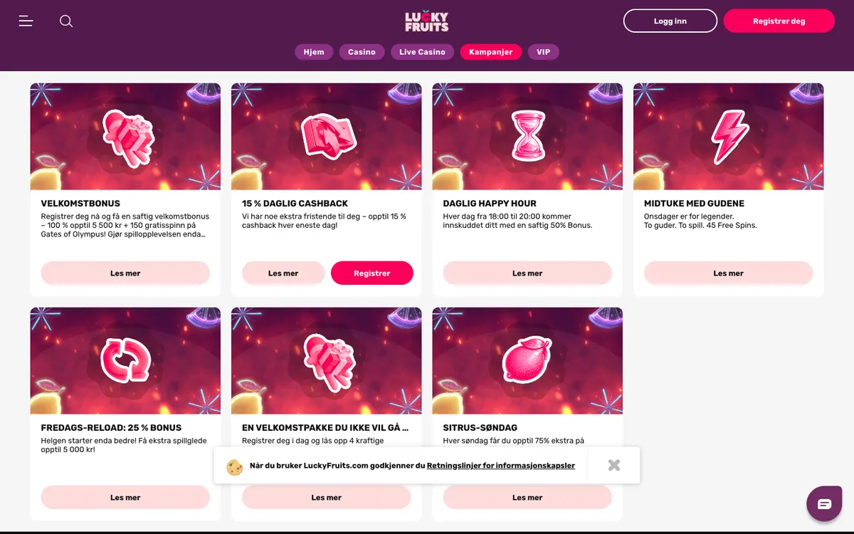 LuckyFruits Casino — Promotions, captured from Norway