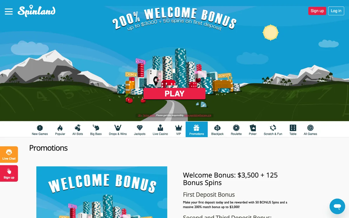 Spinland Casino — Promotions, captured from Canada