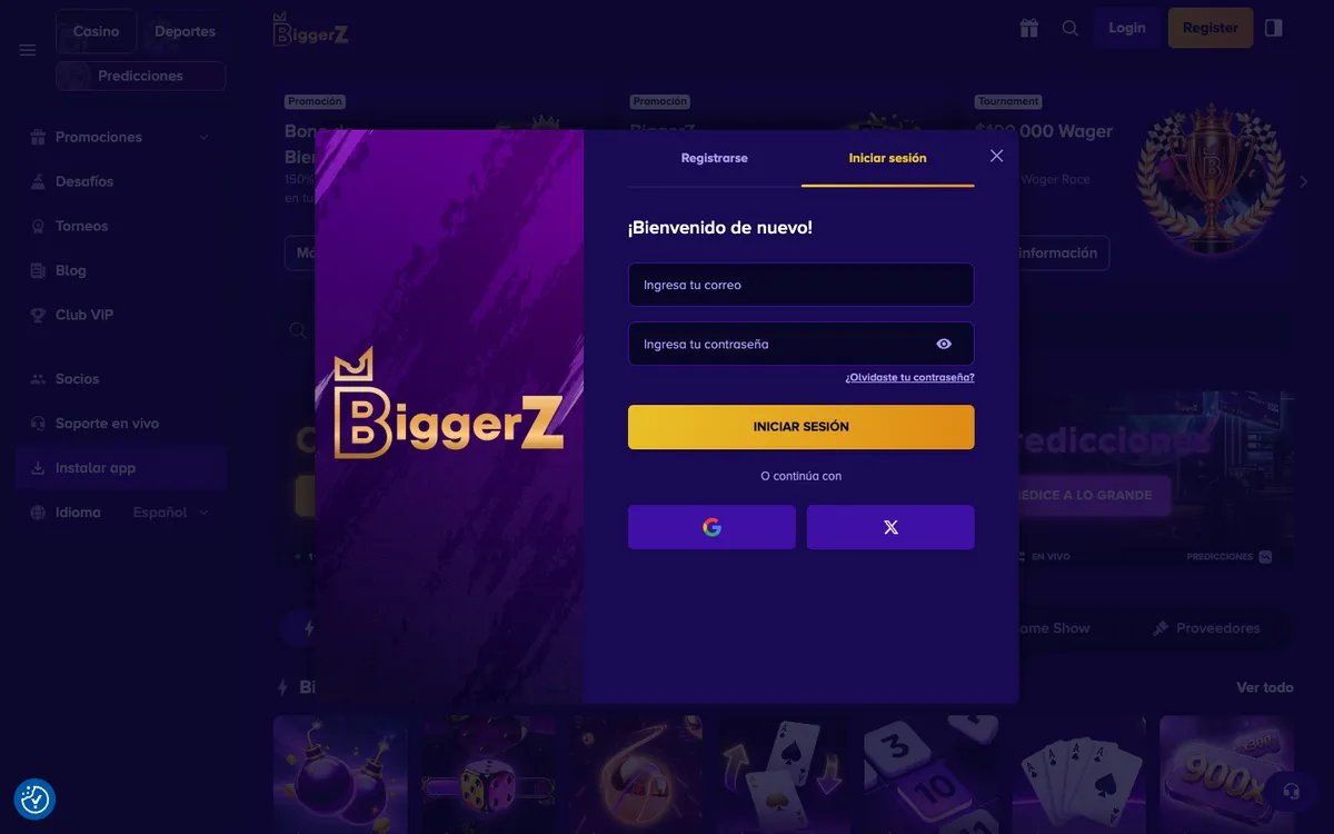 BiggerZ Casino — Sign-up, captured from Argentina