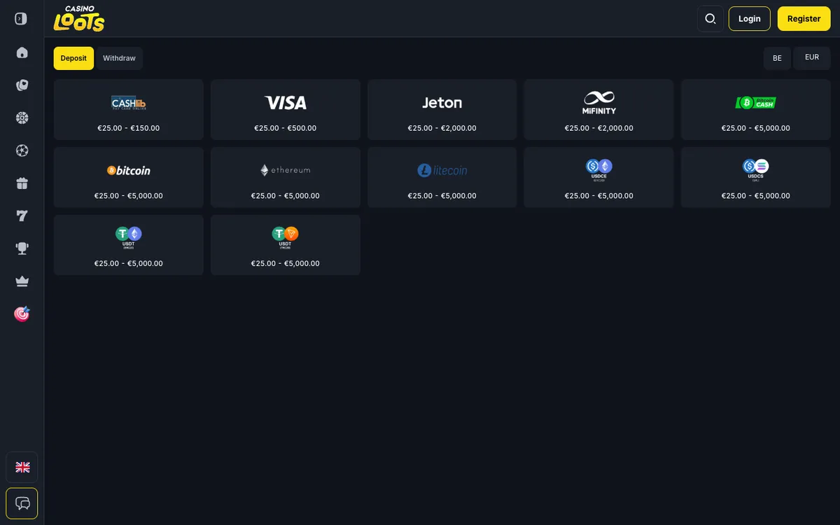 Casinoloots Casino — Payments, captured from Belgium