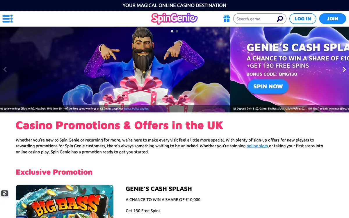 Spin Genie Casino — «Акции», снято из страны Великобритания