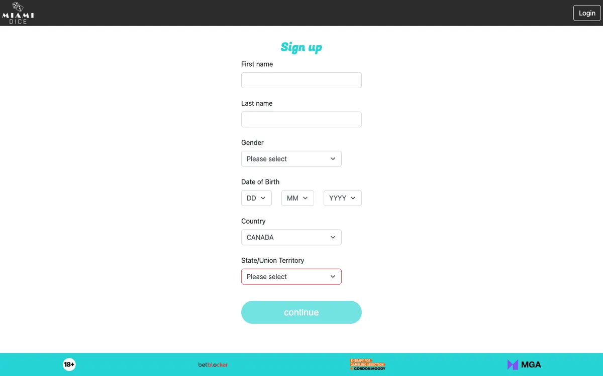 Miami Dice Casino — Sign-up, captured from Canada