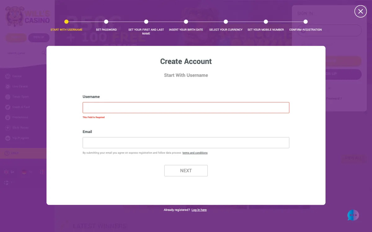 Will's Casino — Sign-up, captured from Norway