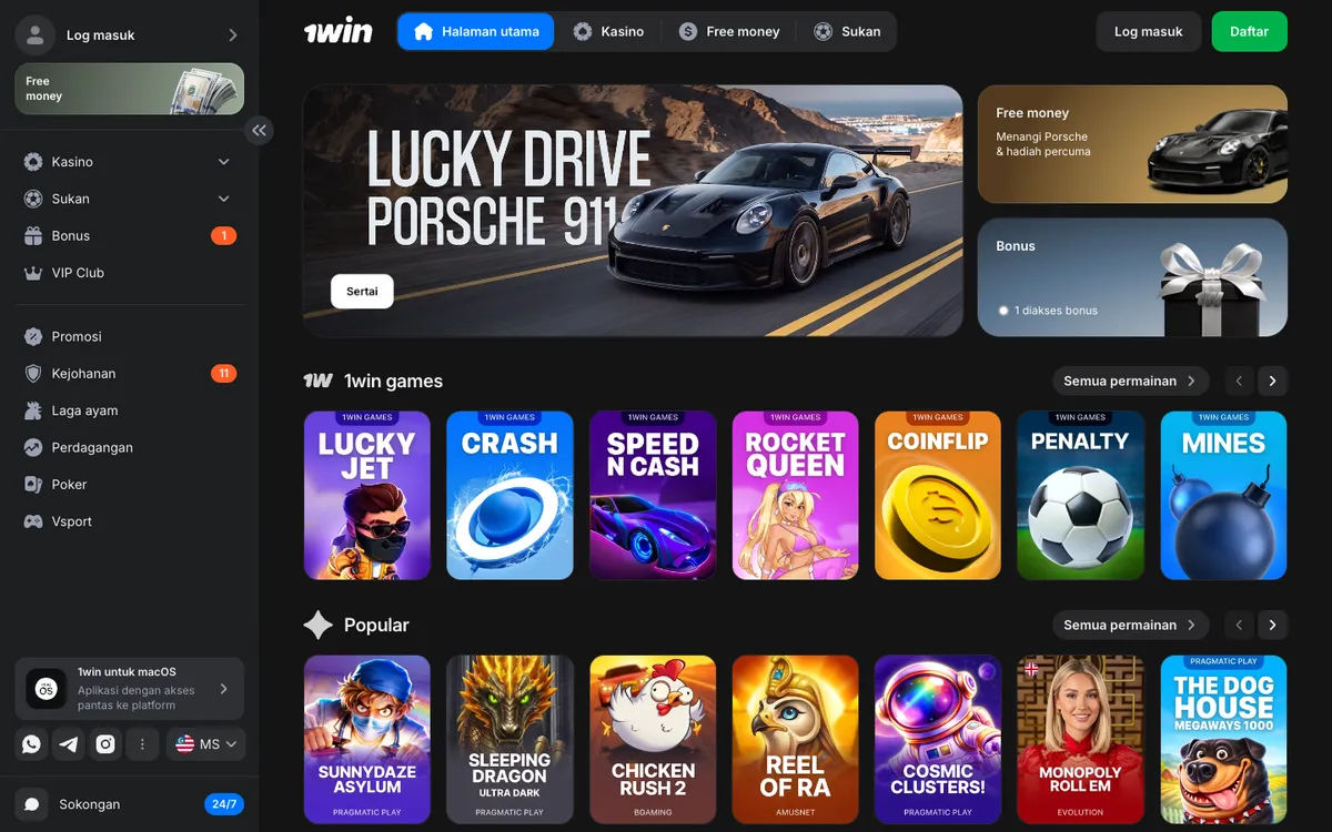 1win Casino — Home page, captured from Malaysia