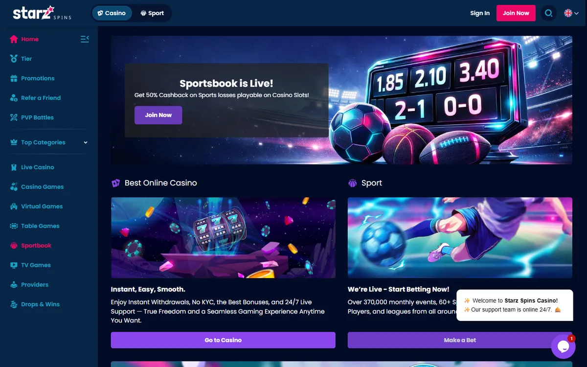 Starz Spins Casino — Home page, captured from Canada