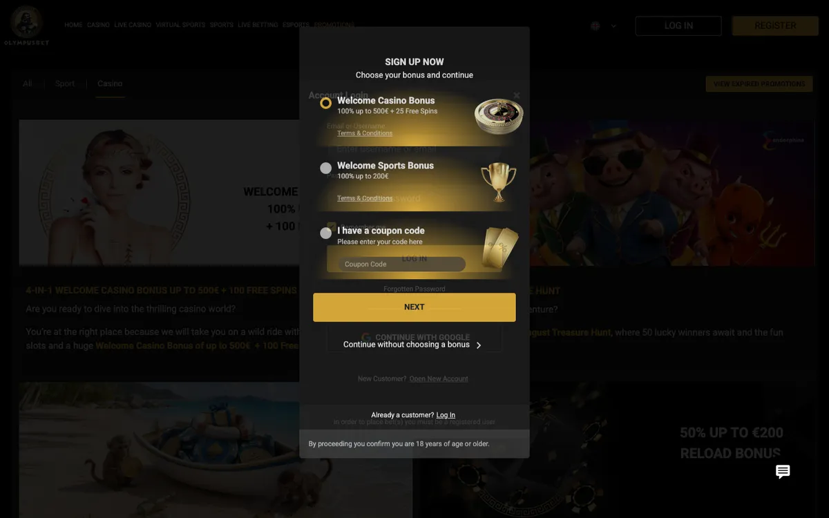 Olympusbet Casino — «Регистрация», снято из страны Новая Зеландия
