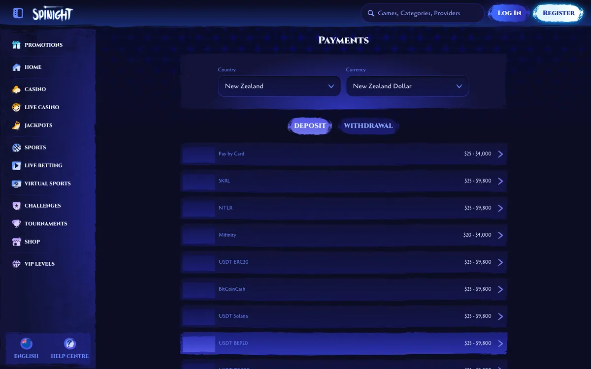 Spinight Casino — «Платежи», снято из страны Новая Зеландия
