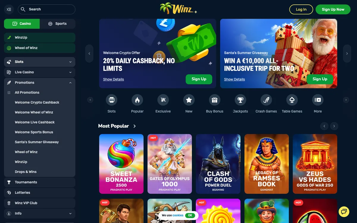 Winz.io Casino — Home page, captured from Austria