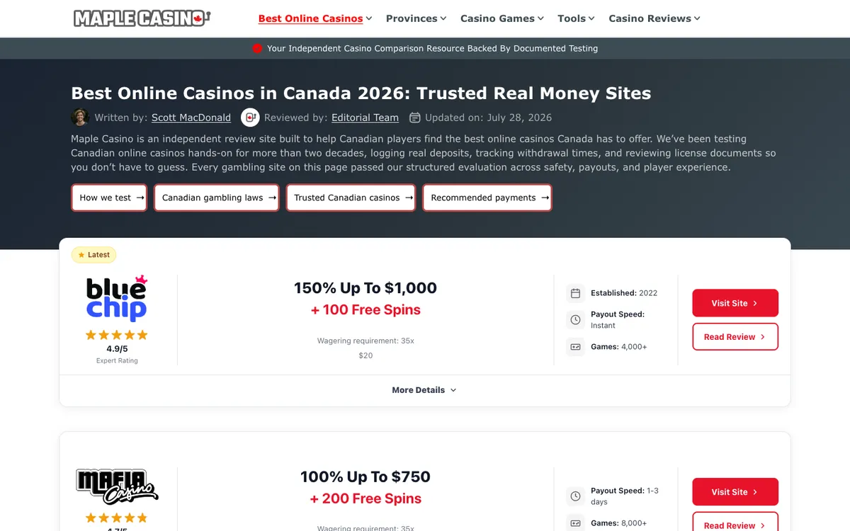 Maple Casino — Home page, captured from Germany