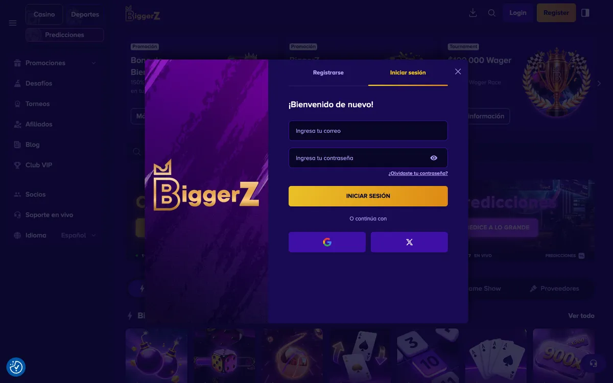 BiggerZ Casino — Sign-up, captured from Spain