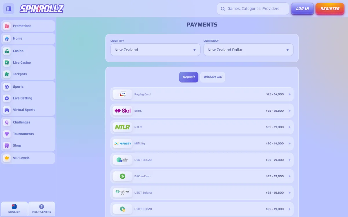 Spinrollz Casino — «Платежи», снято из страны Новая Зеландия