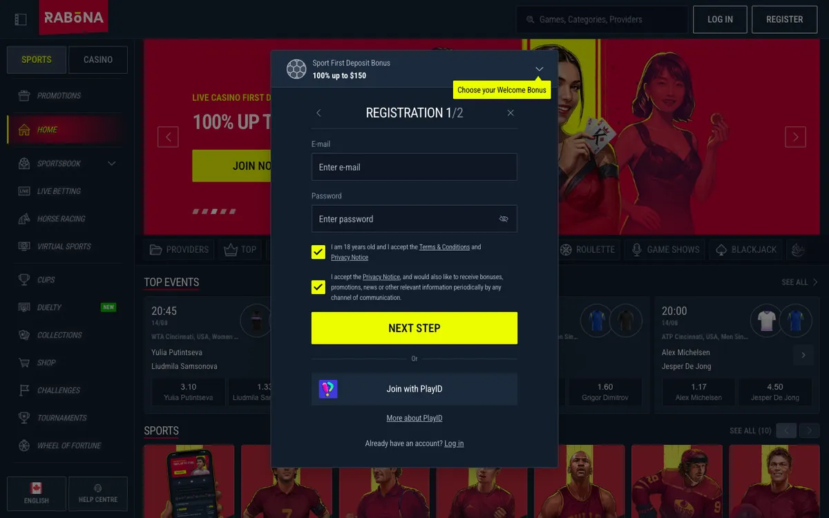 Rabona Casino — Sign-up, captured from Canada