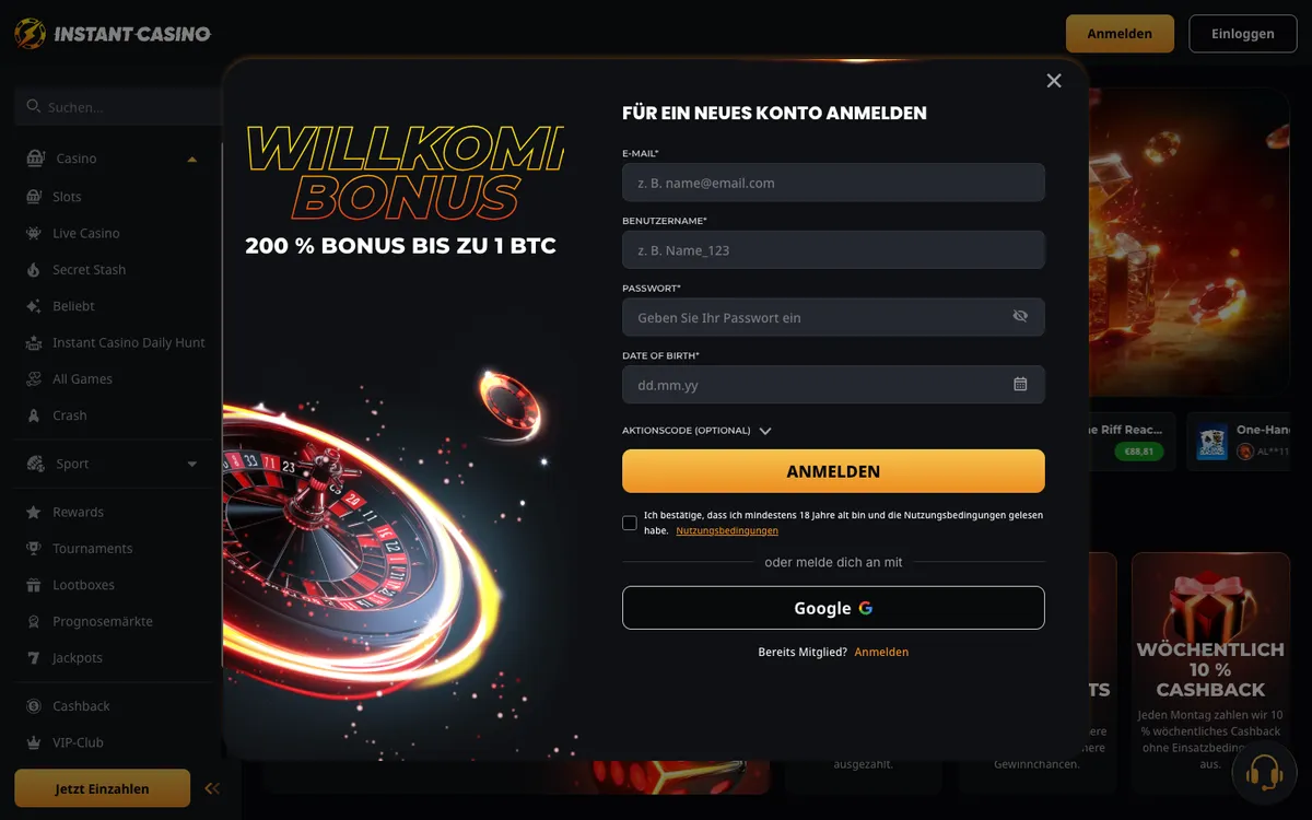 Instant Casino — Sign-up, captured from Austria