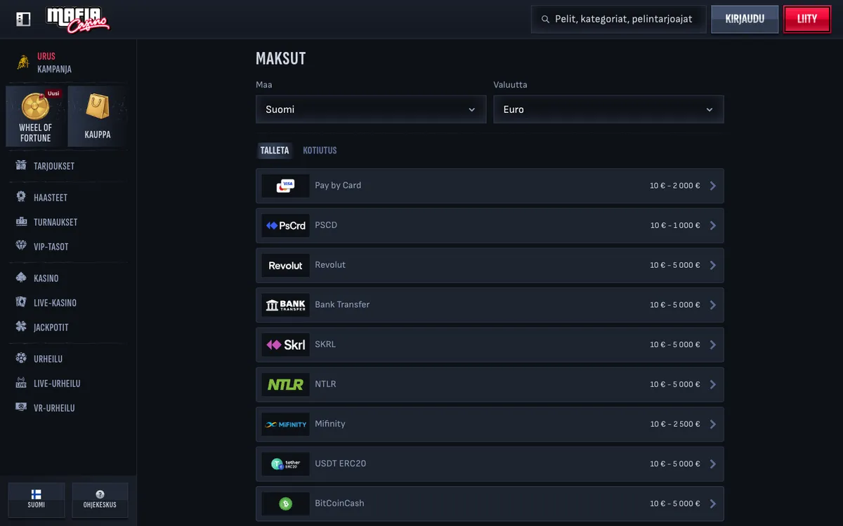 Mafia Casino — Payments, captured from Finland
